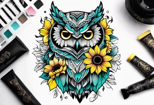 Sleeve with teal, pink and yellow owl and yellow sunflowers tattoo idea