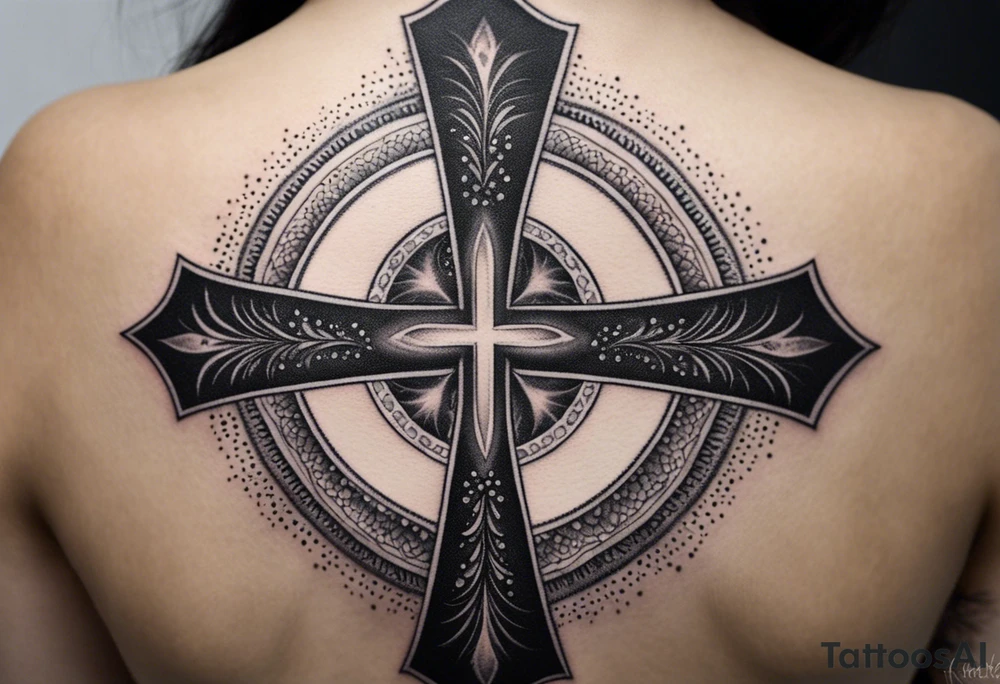 Tattoo: A refined cross with a soft halo on top of it, symbolizing light and spirituality. Delicate rays extend outward from the halo, adding a subtle glow and depth. The cross itself is simple and elegant, with potential for small, intricate line details within the design. tattoo idea