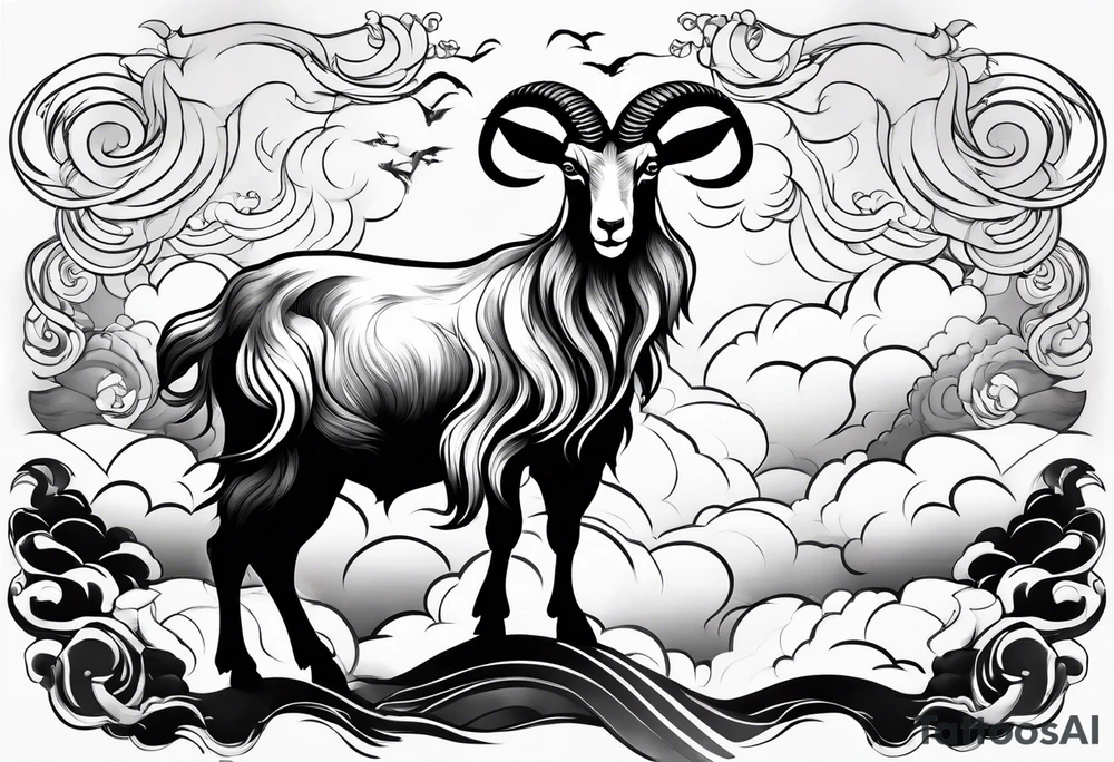 full body goat with kumo clouds in Japanese art style tattoo idea