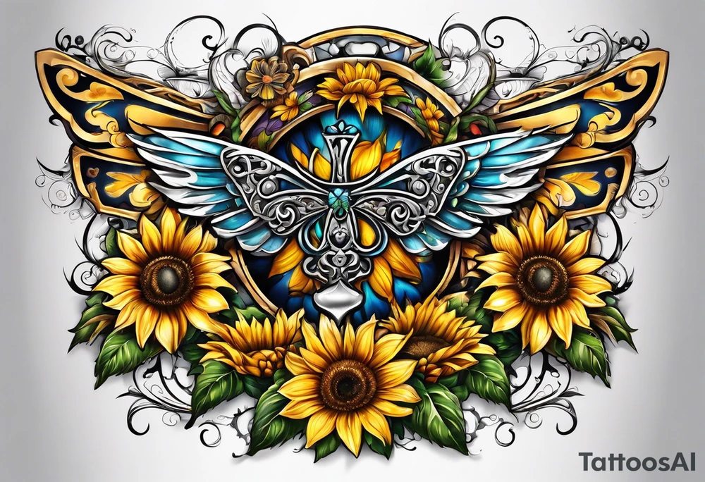 Winged cross with sunflower and butterflies tattoo idea