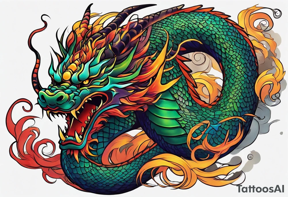 An epic floating asian dragon. Its long body coiling dynamically, with scales and horns detailed to create a sense of movement and strength. The dragon's color is giving a vibrant depth and a mystical aura. This tattoo highlights the dragon’s fierce expression and sharp claws. tattoo idea
