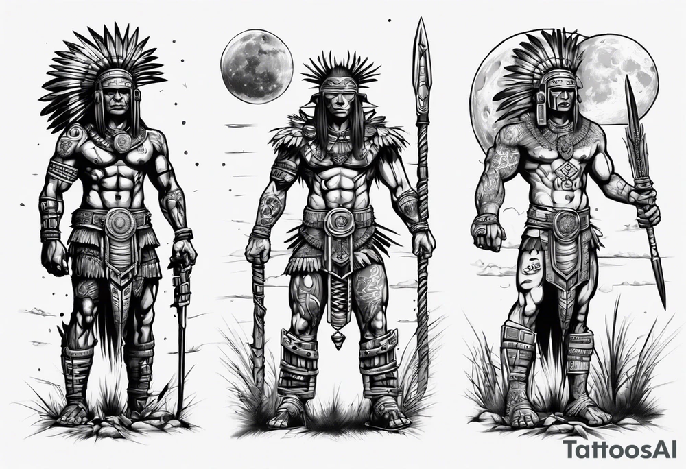 cyberpunk Aztec warrior standing tall after a battle in a field under the moon tattoo idea