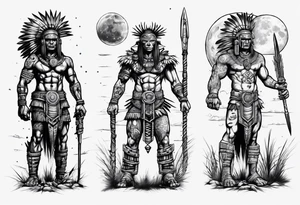 cyberpunk Aztec warrior standing tall after a battle in a field under the moon tattoo idea