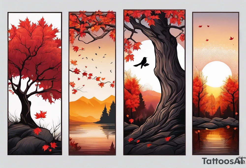 Full arm sleeve hikae. A maple tree with red autumn leaves that branches upwards. White-throated dipper bird on the trees branches. Calluna flowers at the base of the trees stem. Tree stem has dark colors. Red/yellow sunset behind the trees stem. Leaves falling. tattoo idea