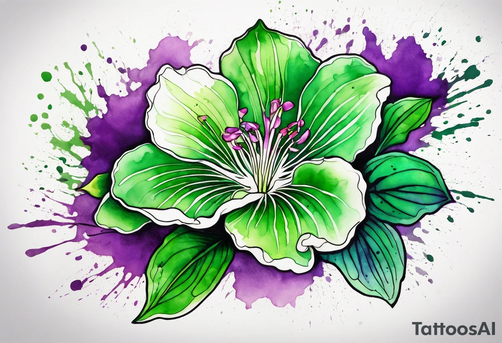 An outline of an only green rio dipladenia flower and a green and purple watercolor splash in the background tattoo idea