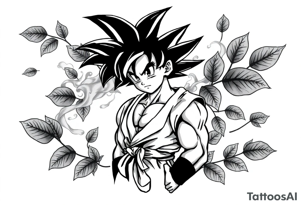 Tattoo design of Son Goku with smoke flowing through his body, surrounded by leaves in negative space effect, featuring soft shading around the edges and dotwork shading inside, with multiple contrast levels throughout. Highly detailed, intricate design with dynamic composition, emphasizing the interaction between the smoke and character, with the negative space leaves creating depth and balance. Professional tattoo art style with clean lines and sophisticated shading techniques. tattoo idea