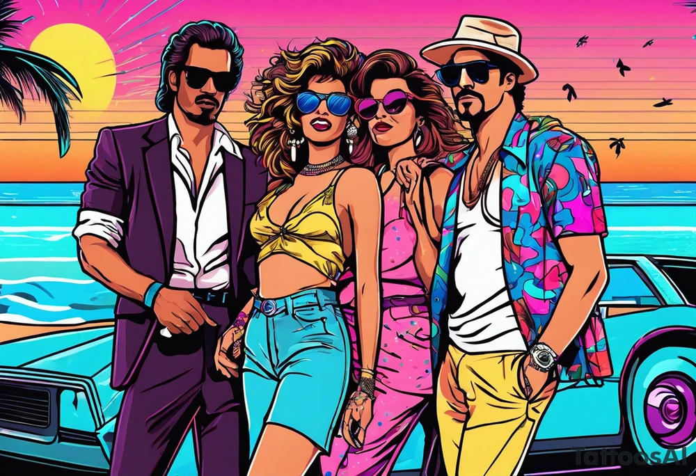 1980's miami vice style dance party with boom box, confetti, music notes in a retro eighties beach theme, no cars tattoo idea
