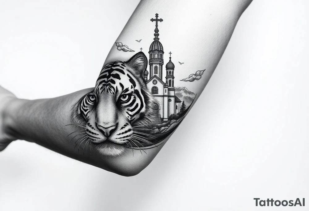 in a dorsal view of the hand and forearm a tiger face on the hand with black hollowed eyes, then above this a orthodox church shrouded with a mist and fading into a virgin mary overlooking tattoo idea