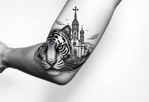 in a dorsal view of the hand and forearm a tiger face on the hand with black hollowed eyes, then above this a orthodox church shrouded with a mist and fading into a virgin mary overlooking tattoo idea