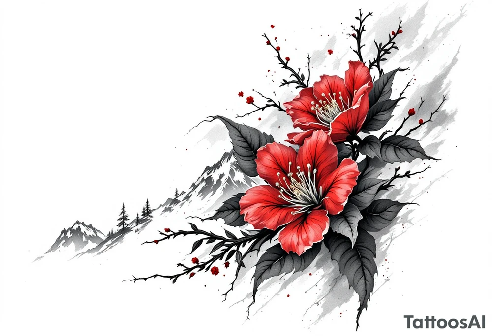 wrap around entire wrist red  and black rhododendron trippy with Himalayas behind tattoo idea