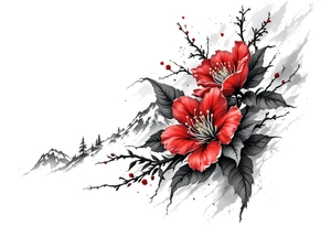 wrap around entire wrist red  and black rhododendron trippy with Himalayas behind tattoo idea