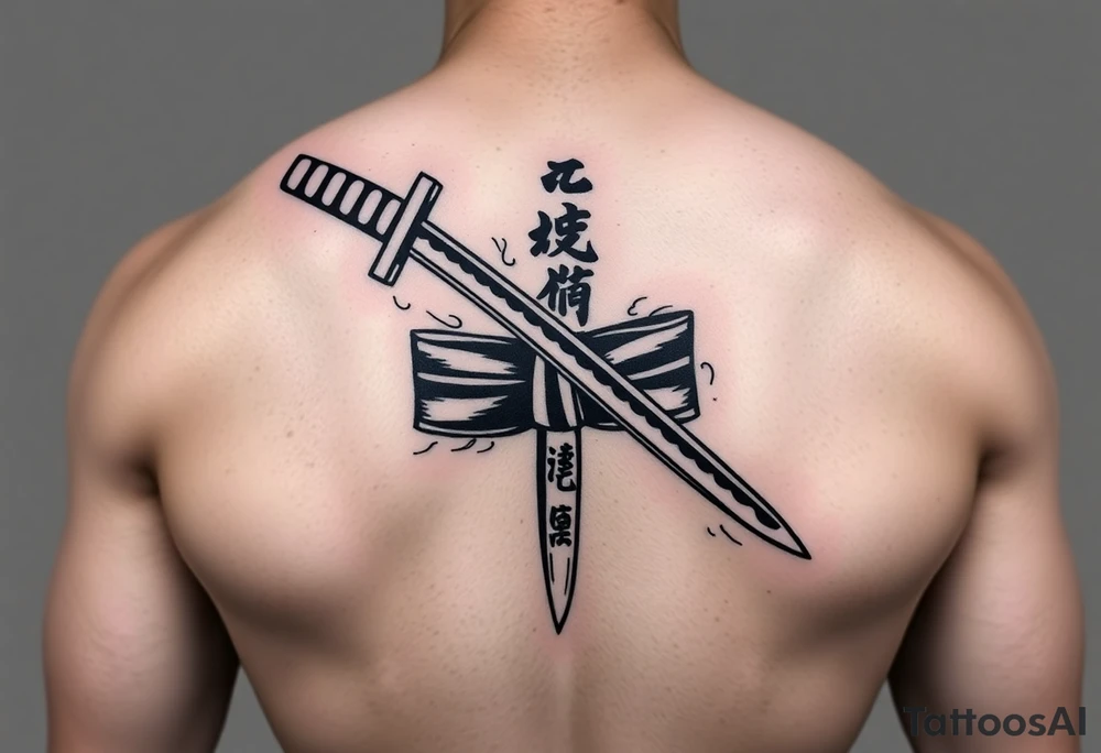 Katana with a black belt and fabled written in korean tattoo idea