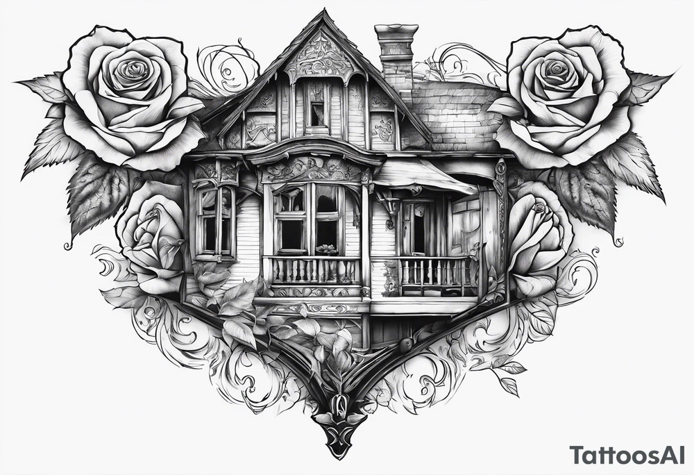 fool sleeve,, abandoned old gotic house, broken sword, roses, tattoo idea