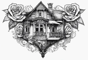 fool sleeve,, abandoned old gotic house, broken sword, roses, tattoo idea