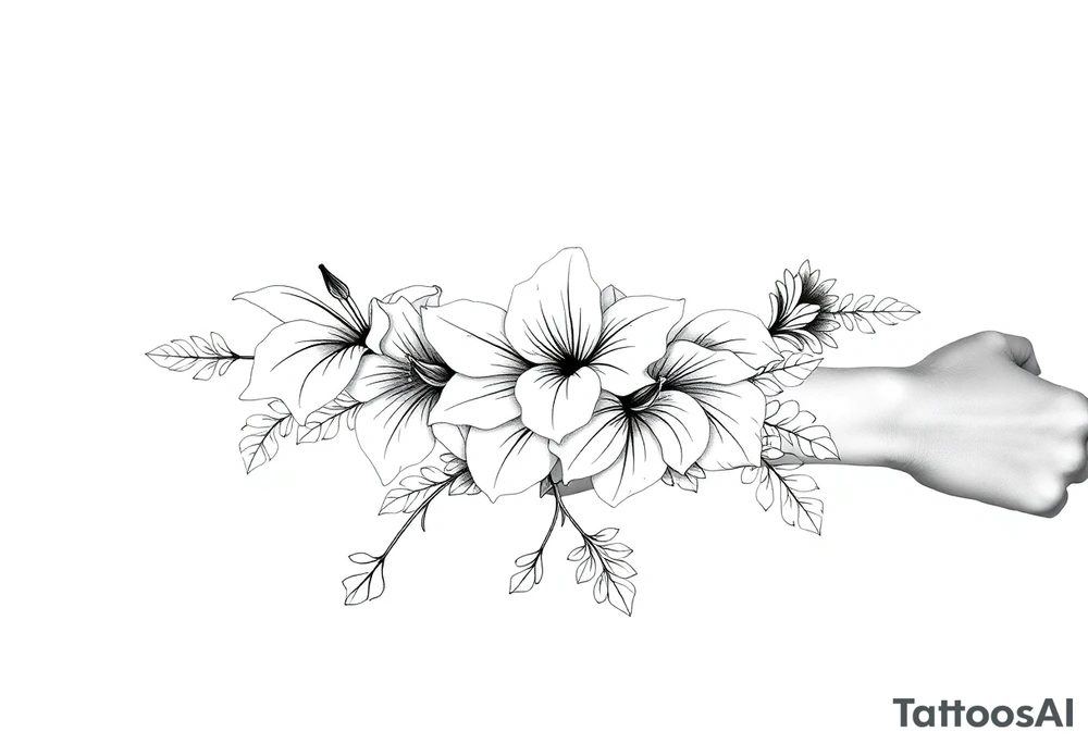 floral composition for sleeve of lycoris flowers with japanese vibe, mutiple ornemental patern and leaf, dot geometric ornement, tattoo idea