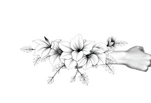 floral composition for sleeve of lycoris flowers with japanese vibe, mutiple ornemental patern and leaf, dot geometric ornement, tattoo idea