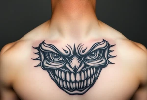 Eyes big and small on my chest for a man terrorizing with his eyes and very large teeth tattoo idea