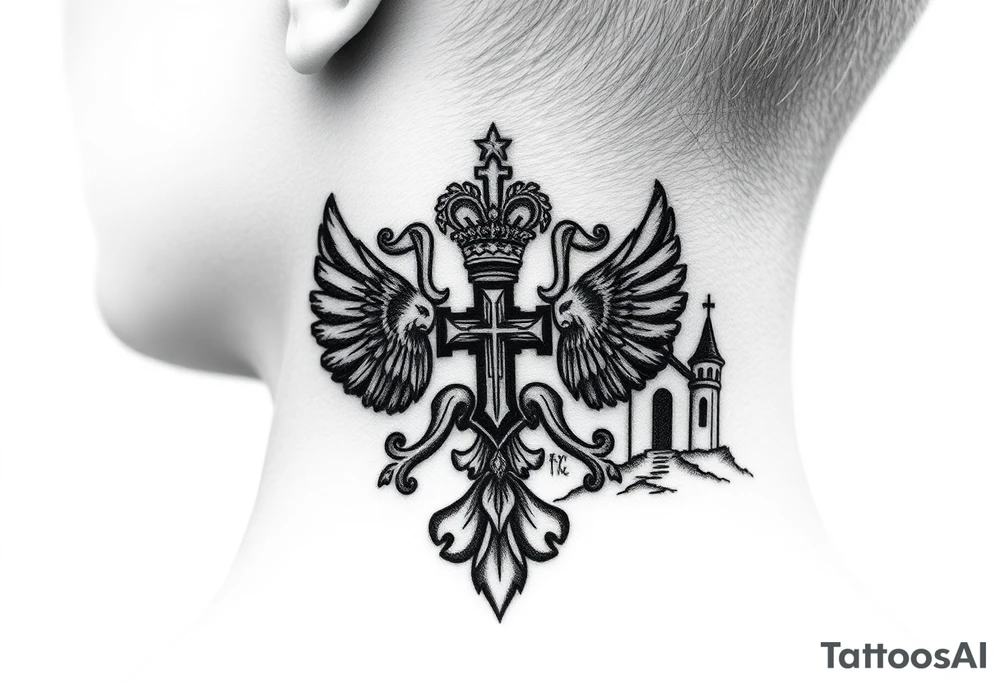 russian coat arms in a russian christian orthodox cross with the cross in the middle with a virgin mary & orthodox dome church on the side of the neck in a wilderness setting tattoo idea