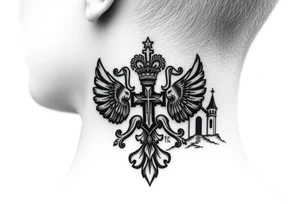 russian coat arms in a russian christian orthodox cross with the cross in the middle with a virgin mary & orthodox dome church on the side of the neck in a wilderness setting tattoo idea