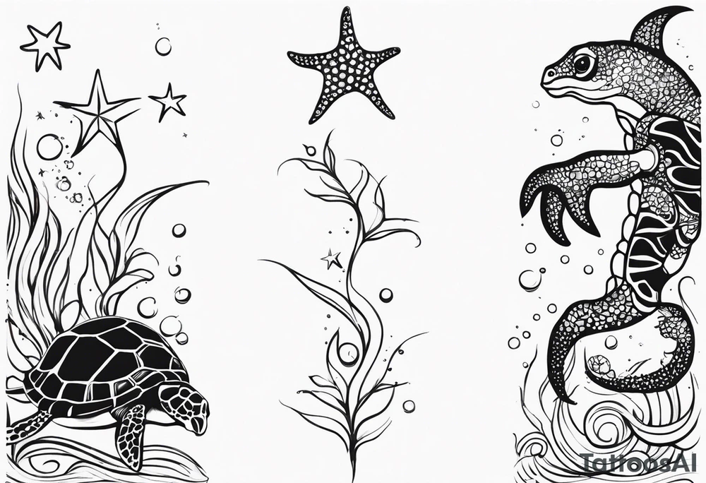 Small star fish, sea horse and turtle in a vertical line tattoo idea Small star fish, sea horse and turtle in a vertical line tattoo idea