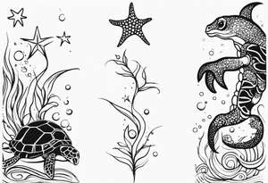 Small star fish, sea horse and turtle in a vertical line tattoo idea
