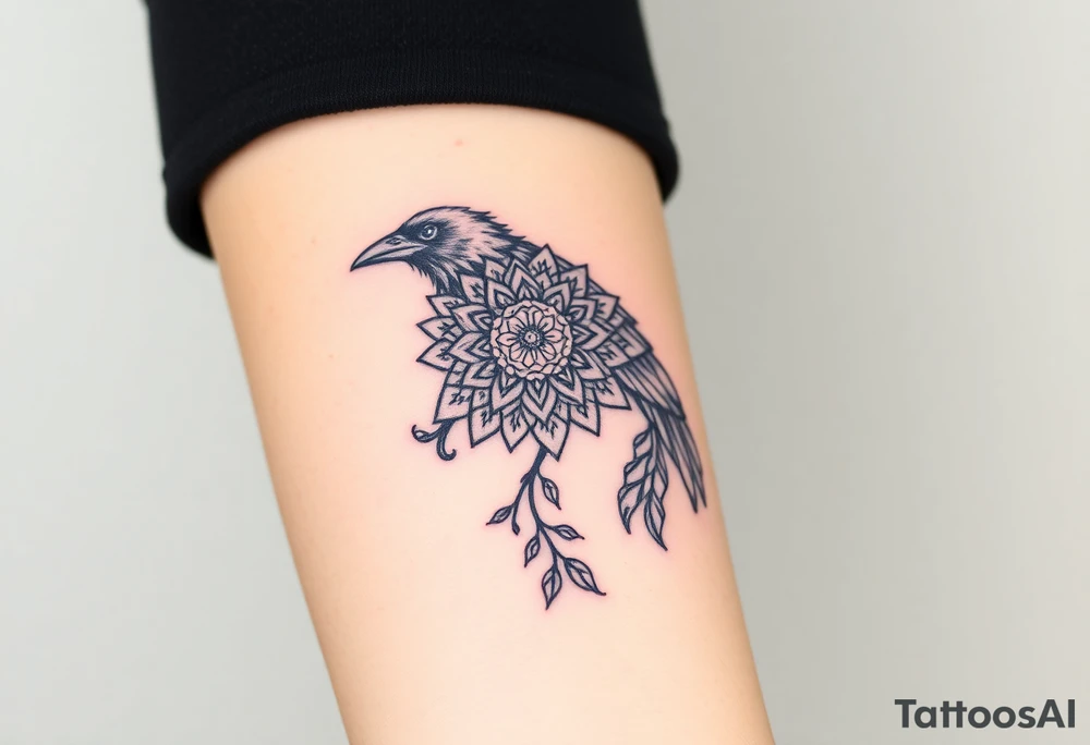 raven with mandala and flowers tattoo idea