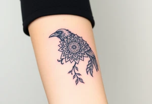 raven with mandala and flowers tattoo idea