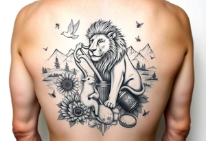 In beautiful heavenly mountain scene with streams and lakes a majestic lion interacts and protects a dove, a lamb,  a sunflower, a harp, a golden nugget, an ancient hammer, a crown, and honeybees tattoo idea