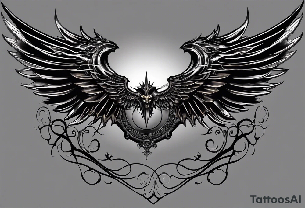 Male chest and neck tattoo with Demonic Wings and Halo**: Combine elements of darkness and light by depicting demonic wings on one side and a halo on the other, both fading into shadowy tendrils that extend across your skin. This design could represent the internal conflict between sinful desires and divine guidance. tattoo idea