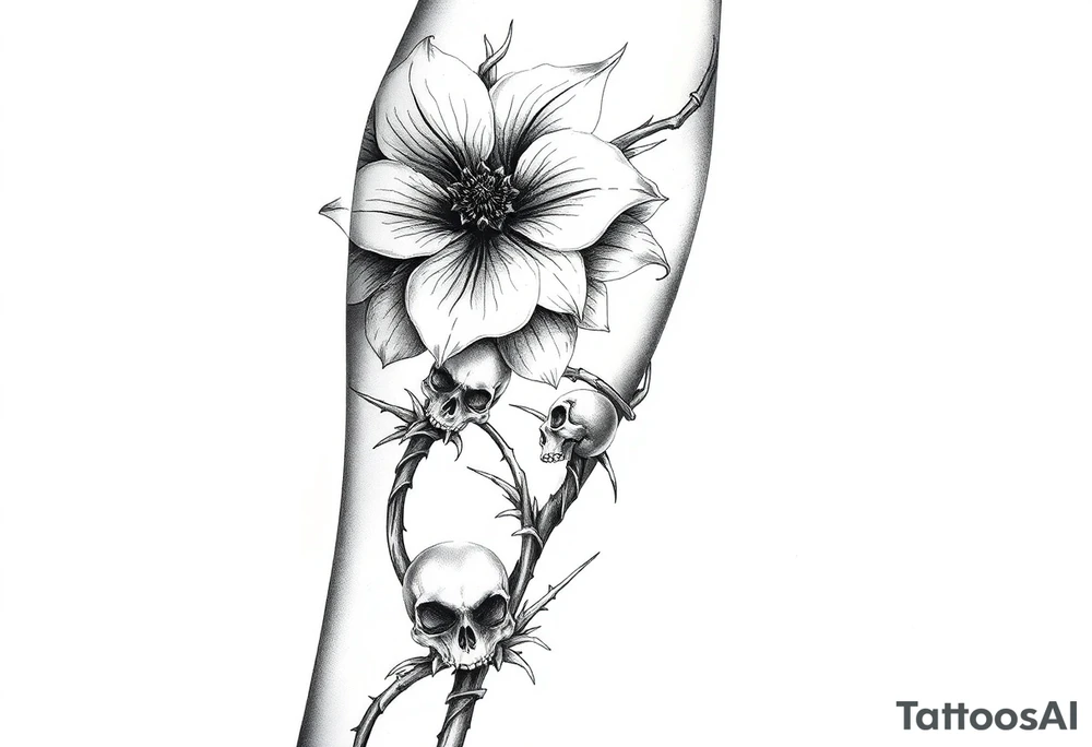 Aconitum flower going up the arm with details gothic style with skulls thorns tribal large tattoo idea