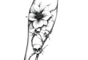 Aconitum flower going up the arm with details gothic style with skulls thorns tribal large tattoo idea