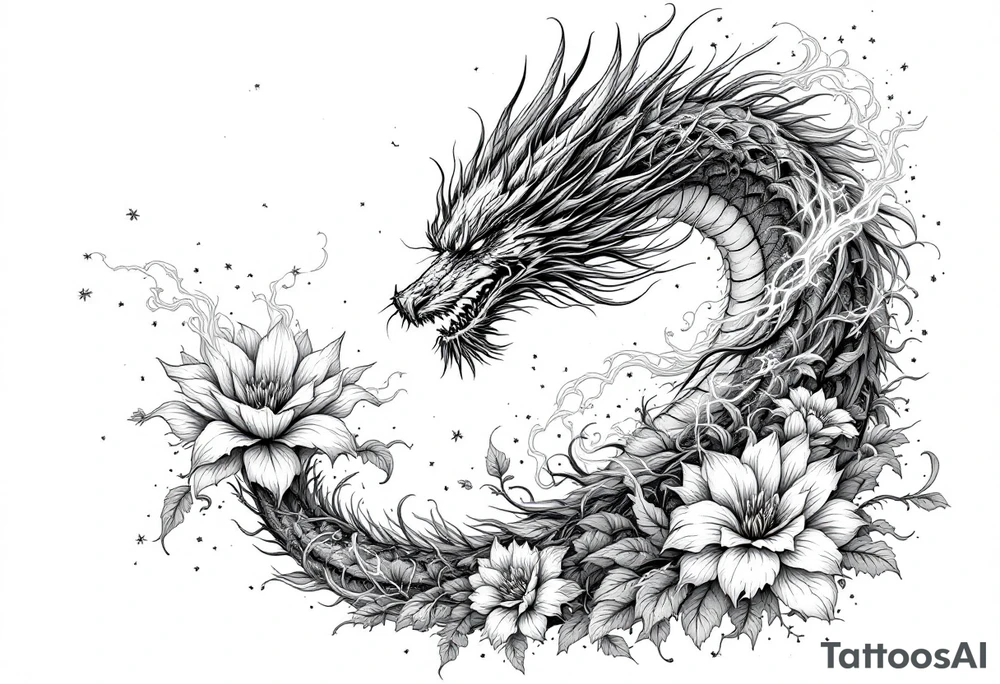 legendary dragon scene with energy aura flowers power effects tattoo idea