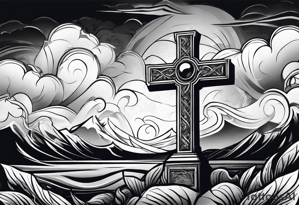 cross with smoke behind it in a storm tattoo idea