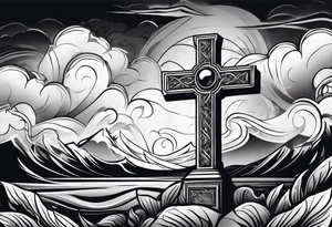cross with smoke behind it in a storm tattoo idea