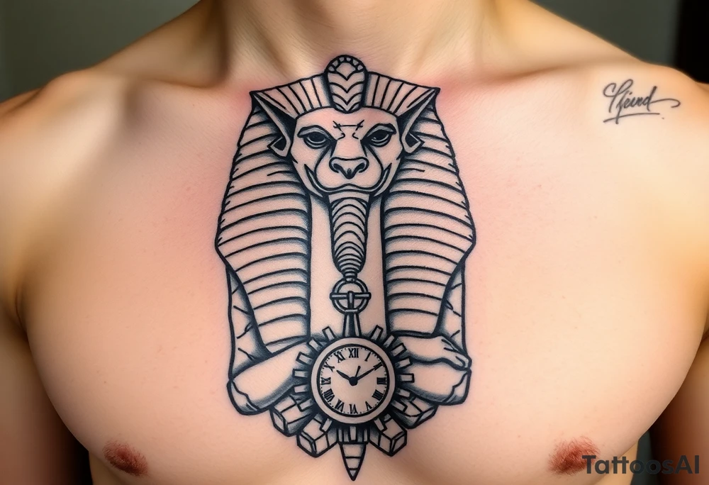 6. Esfinge descompuesta
Rostro de la Gran Esfinge, pero desmoronándose en bloques de piedra o arena flotante.

Puedes combinarlo con un reloj de arena dentro del pecho. tattoo idea