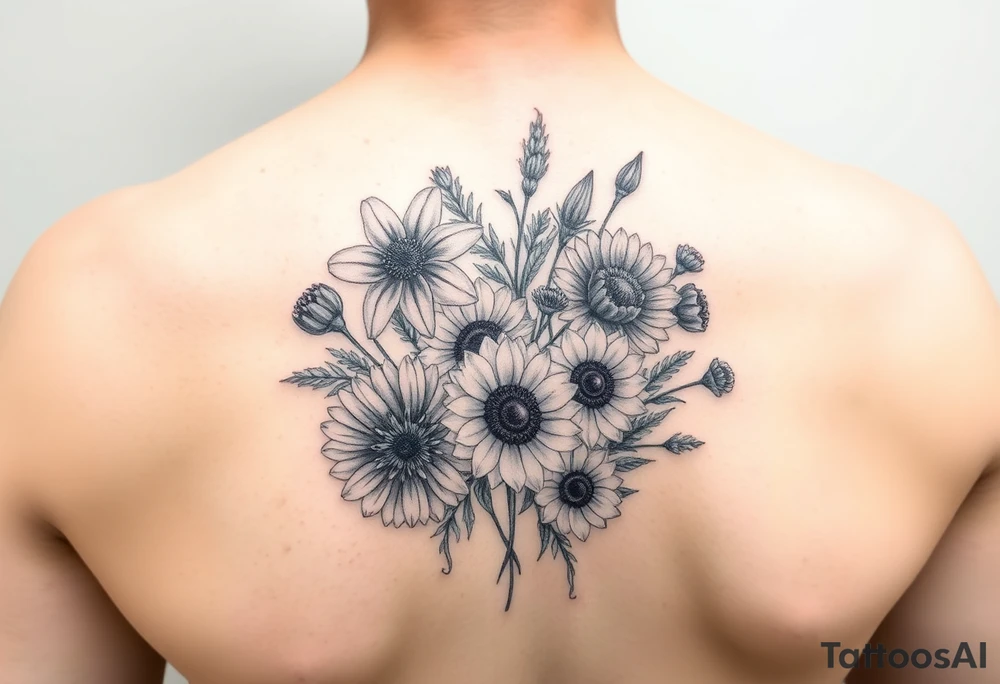 Small watercolour bouquet of wild flowers including Lilly stargazers, sunflowers, poppies and peonies tattoo idea
