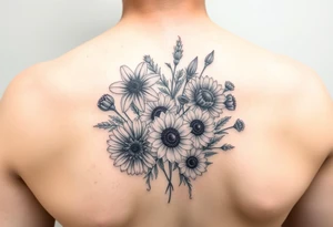 Small watercolour bouquet of wild flowers including Lilly stargazers, sunflowers, poppies and peonies tattoo idea