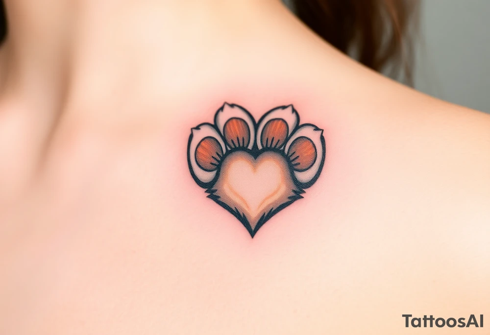 A detailed cat paw with soft fur textures, shaped into a heart, using natural tones of cream, gray, and light brown for a delicate and cozy feel tattoo idea