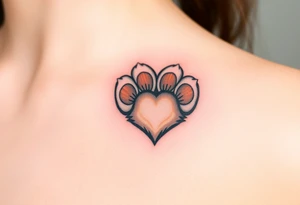 A detailed cat paw with soft fur textures, shaped into a heart, using natural tones of cream, gray, and light brown for a delicate and cozy feel tattoo idea