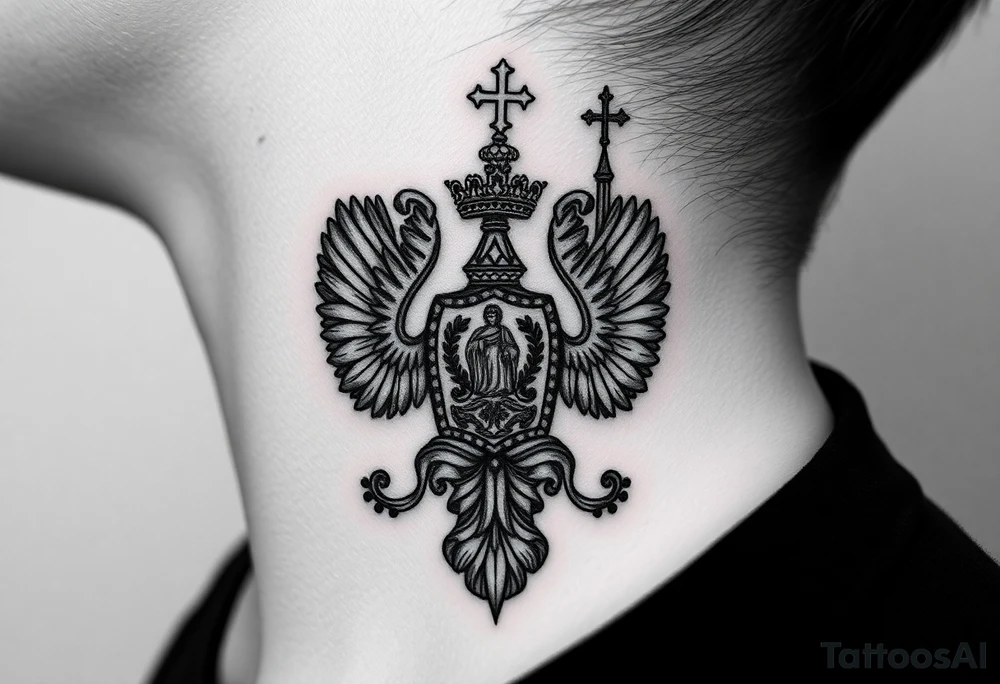 russian coat arms in a russian christian orthodox style virgin mary & orthodox dome church on the side of the neck tattoo idea