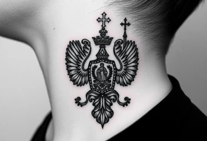 russian coat arms in a russian christian orthodox style virgin mary & orthodox dome church on the side of the neck tattoo idea