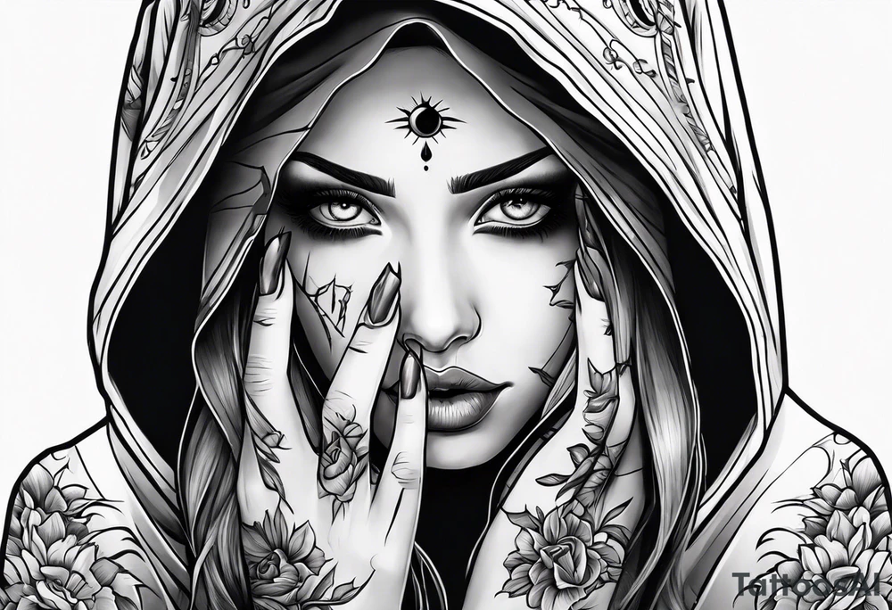 Neo traditional hooded woman blood scars hand with eye in palm tattoo idea