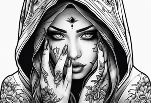 Neo traditional hooded woman blood scars hand with eye in palm tattoo idea