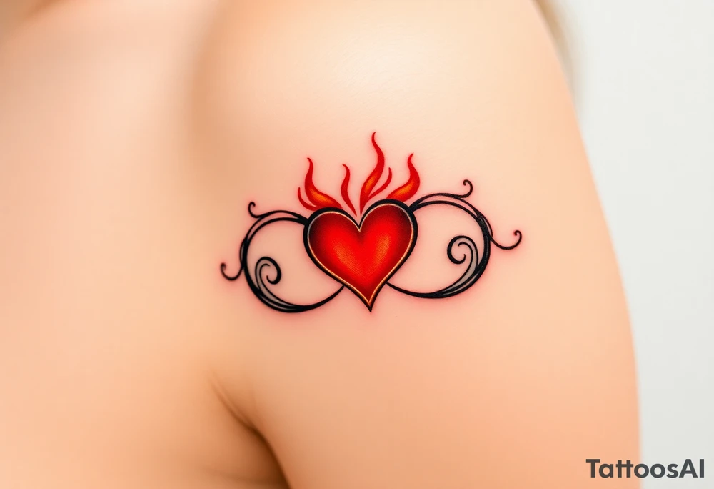 A fiery infinity symbol with a glowing red heart in the center tattoo idea