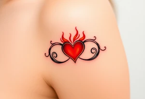 A fiery infinity symbol with a glowing red heart in the center tattoo idea
