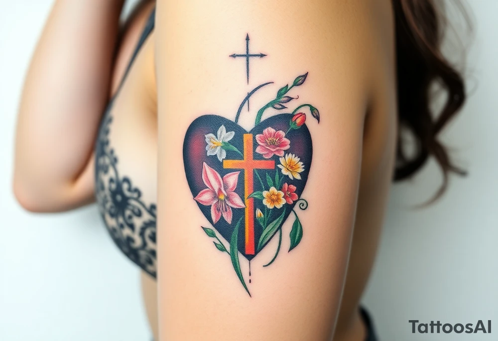 tattoo with heart
: one side representing death and the other life. (from death to life) with a simple cross down the middle. The life side I'd like the following flowers growing out of it: Morning Glory, Lily of the Valley, Daffodil, Rose, Poppy, and Iris tattoo idea