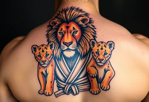 Lion wearing a Brazilian jiu jitsu gi as a person would along side his two cubs who are wearing the same attire. The surrounding area is the sarenghetti tattoo idea