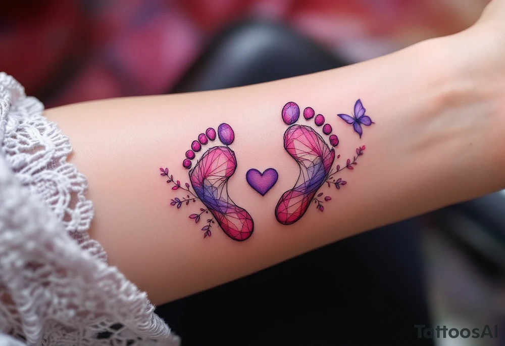 Pink and lilac footprints of Barbora, surrounded by a butterfly and heart, marking her transition into a graceful life. tattoo idea