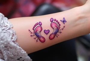 Pink and lilac footprints of Barbora, surrounded by a butterfly and heart, marking her transition into a graceful life. tattoo idea