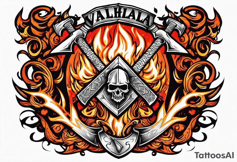 valhalla on fire sword shield axe tattoo idea